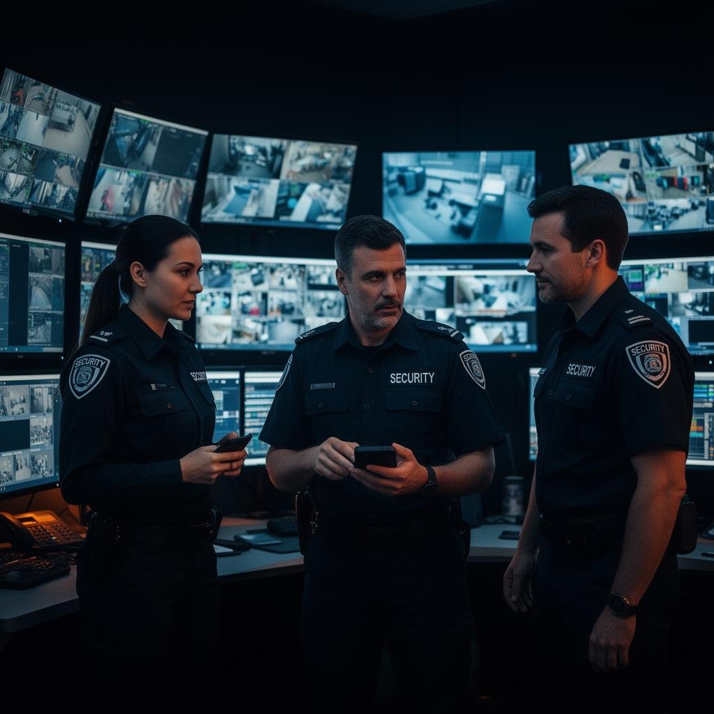 Physical security professional analysing CCTV feeds and facility schematics